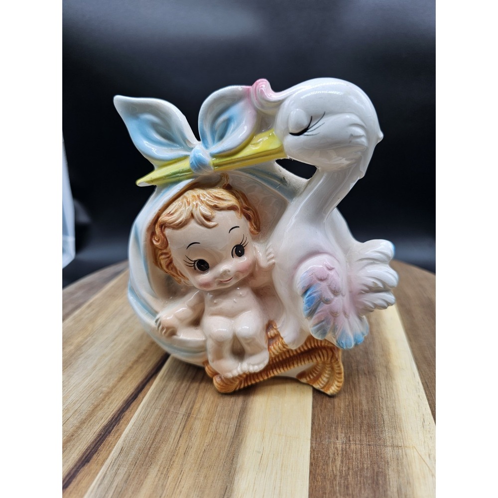 Vintage Relpo 5825 Ceramic Stork‎ & Baby Planter  Succulent Planter READ